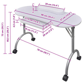 Manicuretafel inklapbaar met wieltjes wit