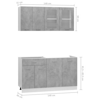 4-delige Keukenkastenset bewerkt hout betongrijs