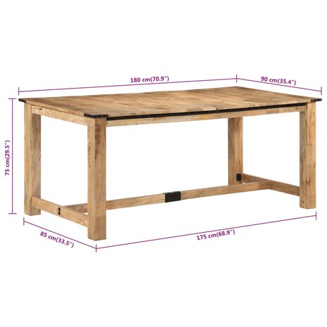 Eettafel 180x90x75 cm massief mangohout