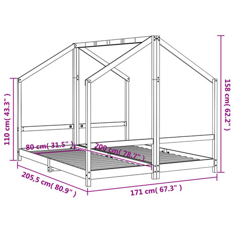 Kinderbedframe 2x(80x200) cm massief grenenhout