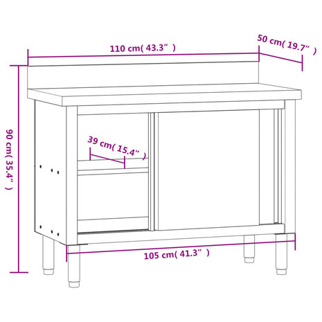 Keukenwerktafel met schuifdeuren roestvrijstaal