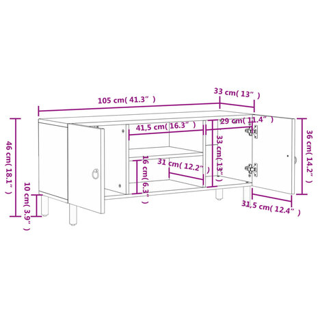 Tv-meubel 105x33x46cm massief mangohout