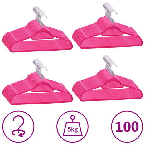 100-delige Kledinghangerset anti-slip fluweel roze