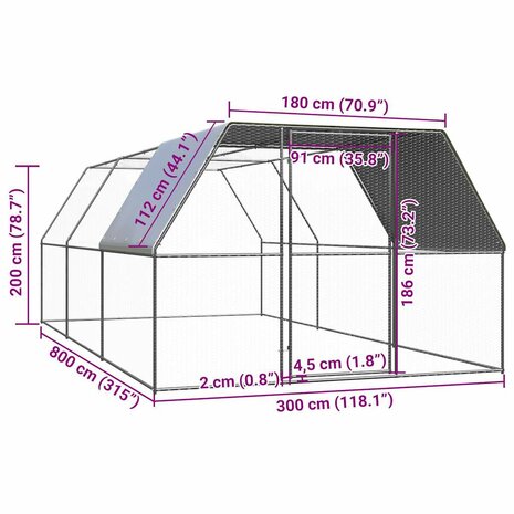 Kippenhok 3x8x2 m gegalvaniseerd staal